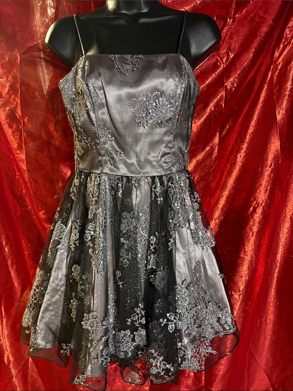 Girls Silver Floral Lace Party Dress with Spaghetti Straps
